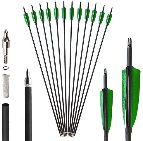 SHARROW 6/12Pcs Carbonpfeile 32 Zoll Carbon Pfeile für Bogenschießen Spine 500 Carbon Pfeile Carbon Jagdpfeile mit 4 Zoll Natürliche Federn Pfeile für Recurvebogen Compoundbogen (12pcs, Grün)