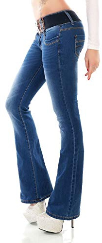 Trendstylez Damen Slim Fit Stretch Bootcut Schlag Jeans inkl. Gürtel Blue Washed WT366