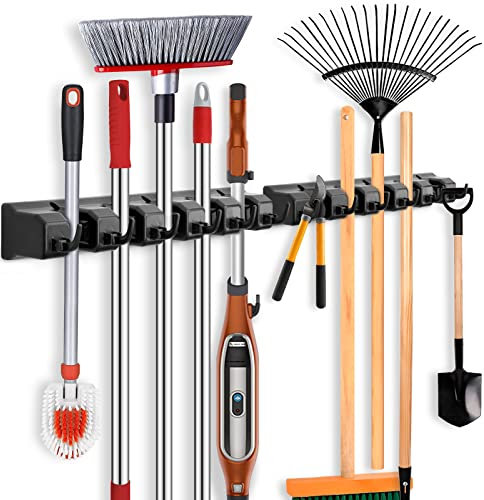 ibell 2 Stück Besenhalterung Wand, Gerätehalter Wandhalterung mit 10 Halter und 12 Haken, Besenhalter Werkzeughalter Gartengerätehalter Organizer für Zuhause Küche Badezimmer Garage Garten