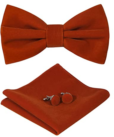 HOULIFE Fliege Herren Set - Verstellbare Fliege aus Samt Vorgebunden Fliegen, einfarbige Einstecktuch, Manschettenknöpfe Set für Bräutigam Hochzeit formal mit Geschenkbox - ziegelrot