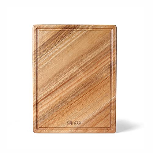 MITSUMOTO SAKARI Japanese Chopping Board, Natural Wooden Cutting Board | 42.5*32.5*3.2 cm Acacia Wood Kitchen Chopping Board, Professional Serving Board, Charcuterie Board with Spill-Proof Grooves