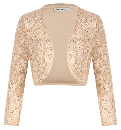 GRACE KARIN Women Sequined Shrug 3/4 Sleeve 50S Chic Sparkle Glitter Sequin Lace Shrug Champagne Sequin L