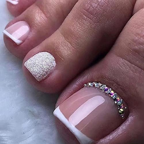 24 Pièces Court Carré Faux Ongles D'orteil Français Nude Rose Faux Ongles pour Orteil Ballerine Strass Acrylique Pleine Couverture Capsules Ongles Pied avec Autocollants Adhesif pour Femmes et Filles