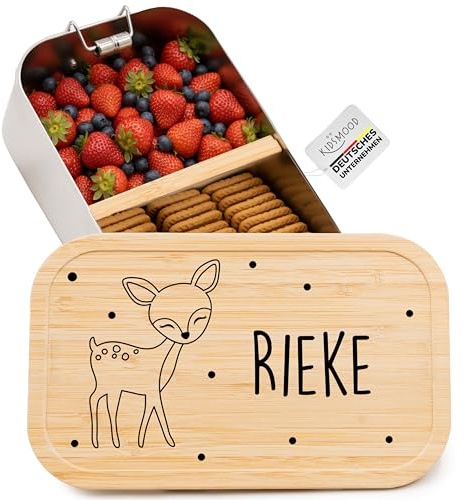 Kidsmood - Brotdose personalisiert mit Namen – Edelstahl Lunchbox mit Fächern für Kindergarten, Schule & Büro mit liebevollem Reh – Geschenk zur Einschulung für Kinder & Mädchen (750ml)