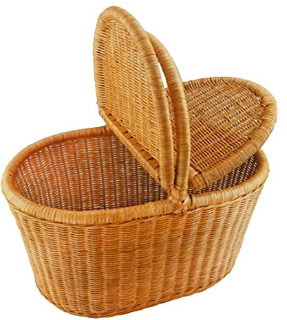 Handgewebter Picknickkorb, natürlicher Rattankorb mit stabilem Griff und 2 Deckeln zum sicheren Aufbewahren und Tragen, Picknickbehälter für Outdoor, Familie, Camping-Picknick (Größe: 44 cm-A) (44 cm)