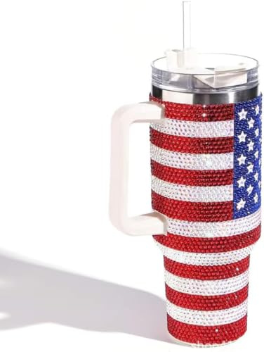 Daofaith Wasserflasche für Edelstahlbecher mit Griff, Reisebecher – USA-Flagge, Kaffee-Reisebecher, marineblauer Militärbecher, doppelt isolierter Becher, voller Glitzer, 1,2 l