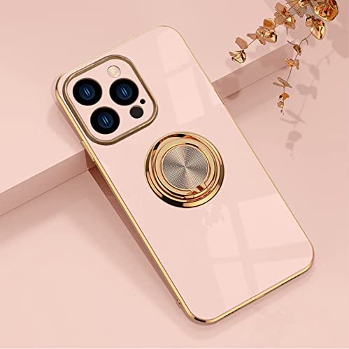 EYZUTAK Electroplated Magnetic Ring Holder Case for iPhone 15 Pro, 360 Degree with Rotation Metal Anti-fall Finger Ring Holder Magnet Car Holder Slim Soft Silicone Shockproof Cover - Light Pink