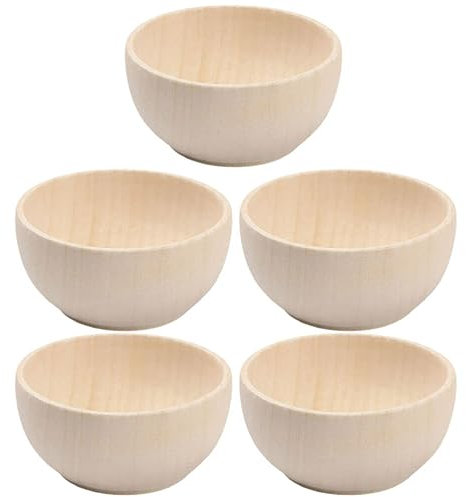 Kisangel Unfinished Wooden Craft Bowls, 5Pcs DIY Mini Painting Bowls for Kids Art, Dollhouse Decor Crafts