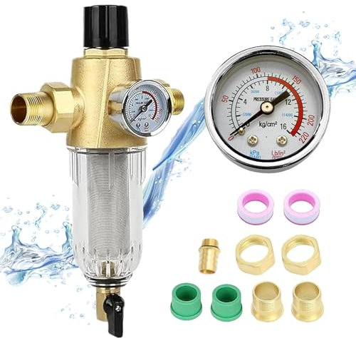 Rückspülfilter mit Druckminderer, Wasserfilter 1 Zoll Hausanschluss Wiederverwendbare Wasserfilter 3/4 Zoll Adapter Filteroberteil aus Messing Vorfilter Sedimentfilter Filterfeinheit 50 μm
