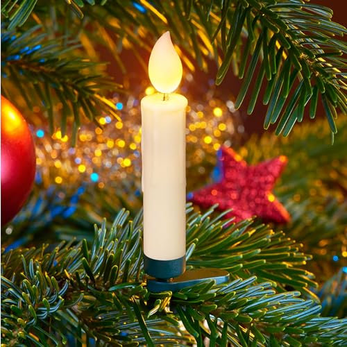 Lot de 20 bougies de sapin de Noël LED sans fil avec flamme 3D effet cire avec gouttes | vacillante | 2 LED de couleur réelle | Minuterie | Éclairage moderne de sapin de Noël