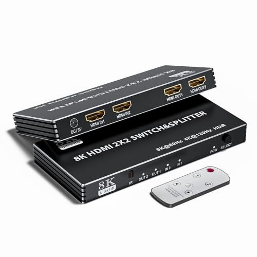 8K HDMI 2.1 Splitter Switch 2x2, BolAAzuL HDMI Switcher 2 in 2 Out Supports 4K/120Hz 8K/60Hz HDR HDCP 2.3 for Xbox Fire TV PS3/4