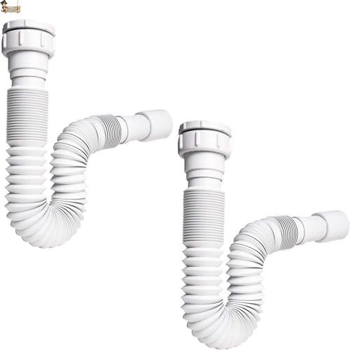 BricoLoco.com Sifón desagüe tubo flexible y extensible. (Pack 2 uds.) UNIVERSAL de 1-1/4” ó 1-1/2”, y salida de 32 ó 40 mm. Para lavabo, fregadero, bidé, baño ó cocina. Manguera desagüe blanco. (2)