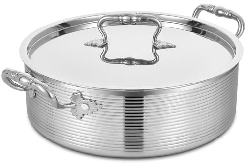 Inqibee Tri-Ply Stainless Steel 7 Quart Rondeau Pot with Lid Braiser Pan, 12 inch Deep Frying Pan, Versatile Cookware, Large Saute Pan, Compatible With All Cooktops, Induction Compatible, Oven-Safe