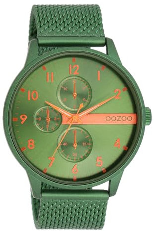 Oozoo Timepieces Herren Uhr in Green/Fluo orange (alu)| Armbanduhr Herren mit Mesharmband | Schöne Uhr für Männer | Edle Analog Herrenuhr (45mm Gehäuse) in rund C11303