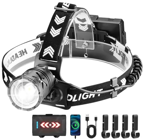 Annteneo 100000LM Headlamp Long Beam, Super Bright Head lamp with Red Warning Light, Type-C Rechargeable Zoomable IP67 Waterproof Headlight for Hiking Hunting Camping, Adult Hardhat/Helmet Light