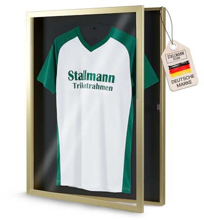 Stallmann Design Trikotrahmen 'Easy Click & Fill' mit Tür | Rahmen-Farbe: Gold | Hintergrund: Schwarz | Größe: 70 x 90 cm | hochwertige und leicht zu befüllende Vitrine für Trikots