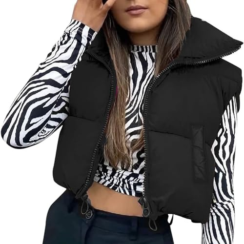 Nicoxijia Women's Winter Crop Vest Puffer Lightweight Stand Collar Padded Vest Warm Gilet Sleeveless Puffy Outerwear Jacket (Black, M)