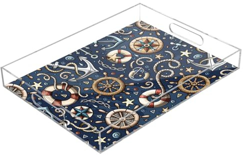 Vassoio rettangolare trasparente Vassoio da portata in acrilico con manici 12 x 16 Vassoio decorativo in acrilico carino disegnato a mano nautico marino a prova di fuoriuscite vassoi da portata in