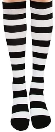 reshmena® 1 Womens Striped Knee-High Socks Girls Bright long Socks Ladies Stripe Knee High Socks Girls Party Stripy Knee High Socks Size 4-6 Black & White
