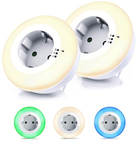 CSL - 2 x Nachtlicht Steckdose mit Dämmerungssensor - LED Nachtlampe mit Helligkeitssensor - Auto ON OFF - Orientierungslicht mit 3 Lichtfarben Warmweiß Blau Grün - Kinder Erwachsene Senioren