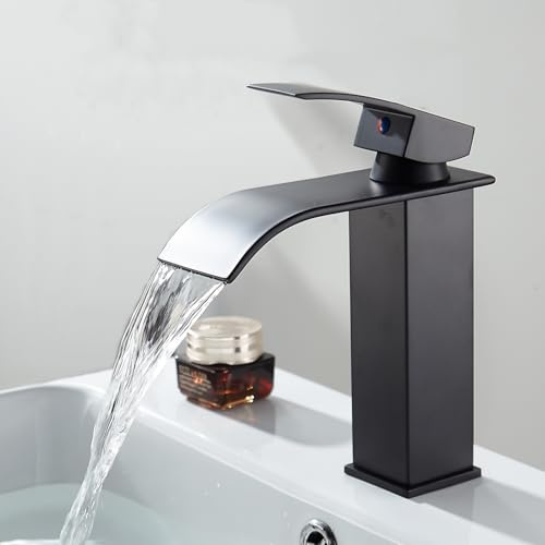 Sumeber Robinet de salle de bain en acier inoxydable, cascade avec bec, hauteur 110 mm, mitigeur monocommande pour lavabo, eau chaude et froide, pour salle de bain (noir)