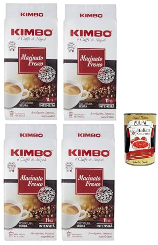 Kimbo Macinato fresco, caffe' italiano, Caffè Macinato, Italian Café moulu, convient pour cafetière Moka, Lot de 4x 250 gr + Italian Gourmet polpa 400g