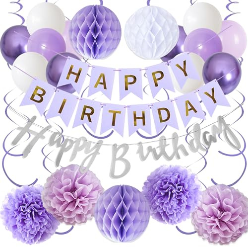 Geburtstag Deko Girlande Ballons Set, Lila Geburtstagsdeko Papier Pompons | Papier Geburtstagsdekorationen, geeignet für Mädchen- und Damengeburtstage, für den Innen- und Außenbereich