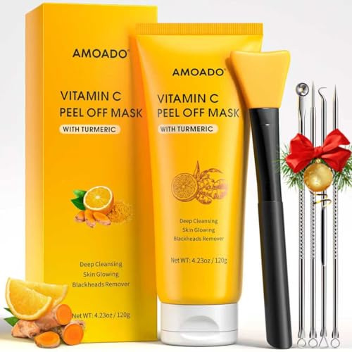 AMOADO Blackhead Remover Mask, Peel Off Face Mask with Vitamin C & Turmeric for Men and Women–Deep Cleansing Nose Facial Mask for Blackheads, Pores & Oil Control with Pimple Extractor and Brush