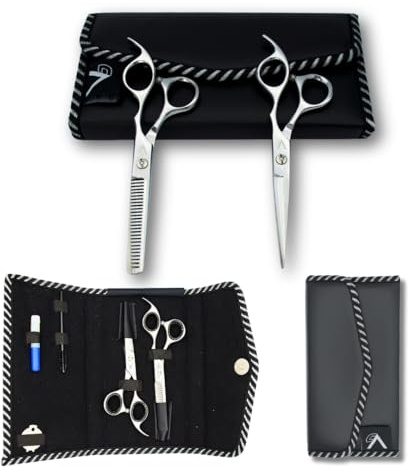 VIDA GOODS Hair Cutting Scissors and Thinning Shears Set – 6 Professional Barber Scissors Kit for Men & Women – J2 Stainless Steel, Hairdresser Tools with Leather Case & Cleaning Brush (Polished)