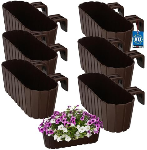 KOTARBAU® Blumenkasten für Balkon 40x15x15 cm, Balkonkasten mit Halterung | Blumenkasten für Balkongeländer, Balkon Pflanzkasten oval, Balkon Deko, Balkonkästen aus Kunststoff, Braun, 6er Set