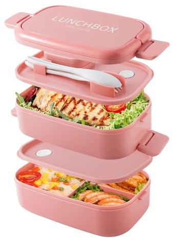 Beeptrum Bento Lunch Box Stackable,1500ml Containers with 4 Compartments and Cutlery, Leakproof 2 Layer Boxes, for Adults Kids Office, Microwave Dishwasher Safe (Pure Pink)