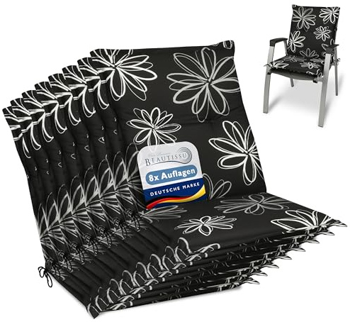 Beautissu 8er Set Niedriglehner Auflagen für Gartenstühle Blumen | 100x50cm Sitzpolster in schwarz mit Gartenstuhlauflage Niederlehner Sitzkissen Outdoor UV-Lichtecht Stuhlauflagen Flores