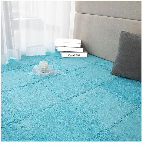 Plush Interlocking Carpet Tiles,Soft EVA Puzzle Carpet,12X12X0.4Inch Playroom Mat,Fluffy Square Foam Tile Mats for Nursery&Bedroom,blue,12pcs(Blue,1pcs)