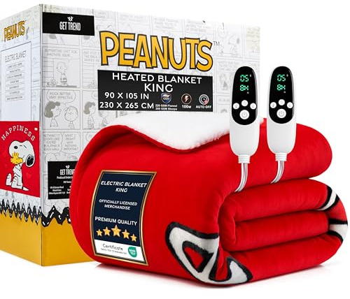 Get Trend Peanuts Snoopy Coperta Elettrica King Size 230x265cm, Plaid in Pile Sherpa, 9 Impostazioni Calore e 12-Ore Timer Spegnimento Automatico (Rosso Snoopy, King EU)