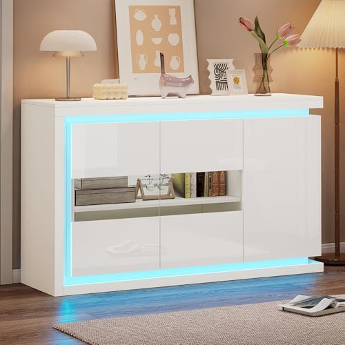 Oxtao Kommode, Hochglanz Sideboard mit 4 Fächern, LED Beleuchtung, Hochglanz-Sideboard mit Türen aus gehärtetem Glas,Geeignet für Flure, Wohnzimmer, Büros 140x40x84cm, Weiß
