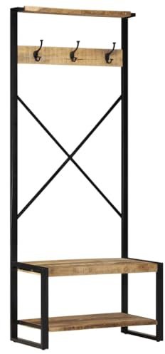 SDWEHO7 Kleiderständer, Wandgarderobe mit 2 Einlegeböden und 3 Kleiderhaken, Aufbewahrungsständer für Kleidung, Taschen, 80x40x190 cm Raues Massivholz Mango