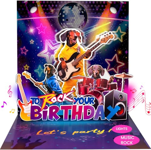 mountova Birthday Card, Funny Birthday Cards for Men Women Kids, Exquisite MUSICAL & SHAKING & LIGHTING Rock Band Dog Pop-up Greeting Card Gifts with Envelope, 6.1 x 6.1 Inch