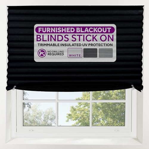 FURNISHED Blackout Blinds Stick On - Portable No Drill Blind, Temporary Blackout Cover, No Drilling Pleated Shades, Stick-on Black Out Blinds Window, Removable Blockout Shutters, Black, 130W x 150H cm