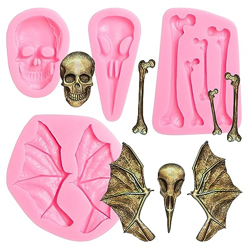 Halloween-Silikon-Totenkopf-Formenset, Fledermausflügel-Design | Skelett-Rabe – Dekorationen in Knochenform, 4-teiliges Set, ideal für Halloween-Partys und als Tortendekoration