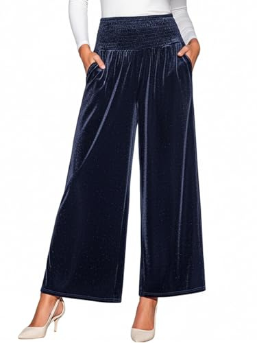 CUPSHE Pantalones de terciopelo para mujer, cintura alta elástica, pierna ancha, pantalones palazzo, pantalones elegantes de terciopelo con bolsillos, azul marino, L