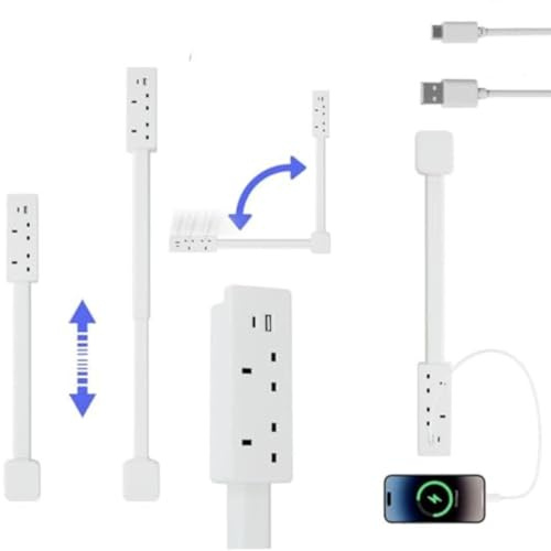 Power Outlet Extender with USB-A USB-C and 2 AC Outlets - 180 Rotatable Extends to Reach Hard-to-Access Ideal for Behind Sofas Nightstands Desks UK Standard Convenient Phone Holder No Installation Req