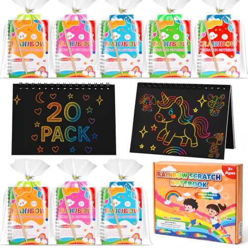 GOLDGE Libri Scratch Art Bambini, 20 Set Gadget Compleanno Bambini | con Stencil, Scratch Notebook, Sacchetti, Penne in Legno, Regalini Fine Festa Compleanno per Bambini 3-12 Anni