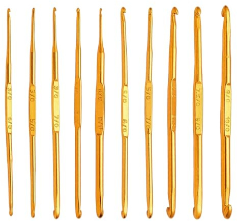 10 Set Uncinetti in Tono Dorato con 10 Misure Diverse, Kit Ferri Maglieria per Fai-da-Te Tessitura Filati Artigianali, in Alluminio Leggero, per Maglia e Punto Uncinetto