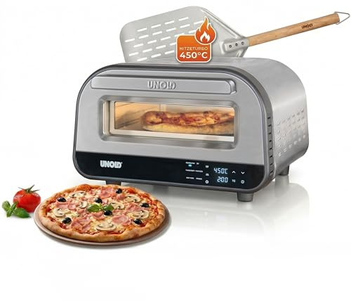 Unold Luigi Pizzaofen Set | elektrischer Pizzaofen 450 °C mit Pizzastein & Pizzaschieber | für knusprige Pizza in 2 Min., Ober-/Unterhitze einstellbar, inkl. Zubehör