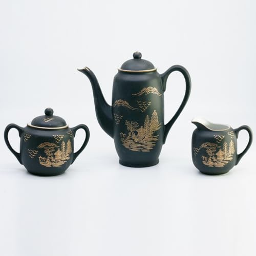 MARY G Juego de Café en Porcelana Japonesa, 29 Piezas, Negro Mate con Detalles Dorados, Cafetera, Azucarero y Lechera