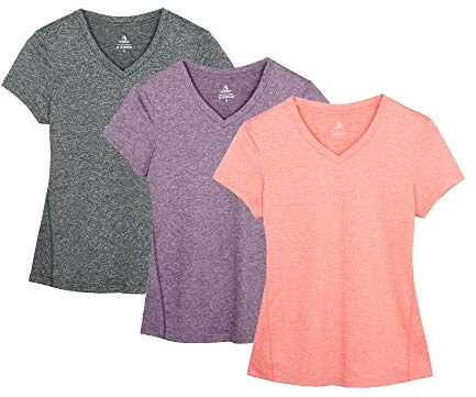 icyzone Women's Workout Running T-Shirt Yoga Fitness V-Neck Short-Sleeve Tops Sports Shirt, 3 Pack (L, Charcoal/Lavender/Peach)
