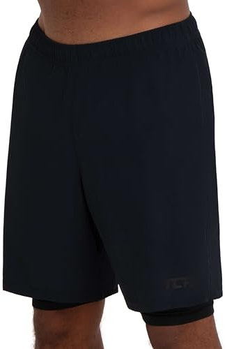 TCA Ultra Sporthose Herren kurz 2 in 1 mit Tasche - Kurze Sport Shorts Trainingshose mit Taschen - Laufhose mit Kompressions Innenhose und Reißverschluss Handytasche - Schwarz, L