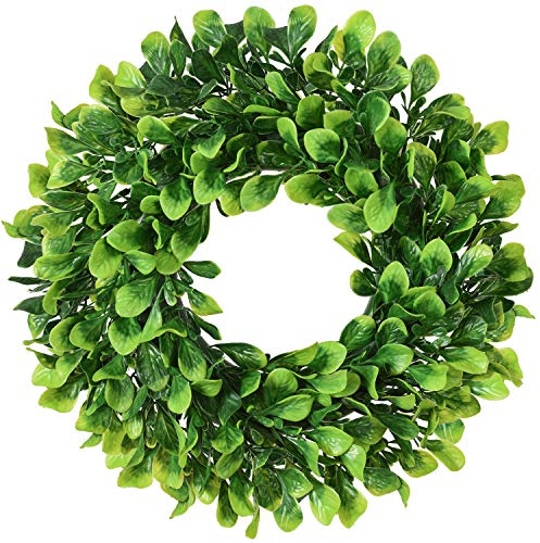 Lvydec Artificial Green Leaves Wreath - 10 Mini-Sized Boxwood Wreath for Window Wall Decor Front Door Home Decoration
