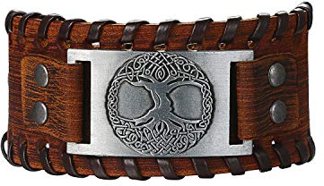 Flongo Lederarmband Männer Groß Leder Armband Herren Armreif Wikinger Lebensbaum Tree of Life Manschette Schwarz Braun Verstellbar Motorradfahrer Biker Herren-Accessoires