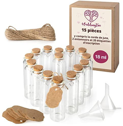 WeddingTree Mini Glasflaschen mit Korken 15 Stück je 18 ml | Klarglas mit Metallöse, 2 Trichter, 20 Kraftpapierschilder